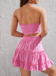 SHEIN PETITE Frill Trim Tube Top & Ruffle Hem Skirt - Pink - View 2