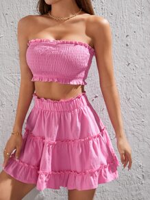 SHEIN PETITE Frill Trim Tube Top & Ruffle Hem Skirt - Pink - View 4