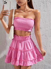 SHEIN PETITE Frill Trim Tube Top & Ruffle Hem Skirt - Pink - View 5