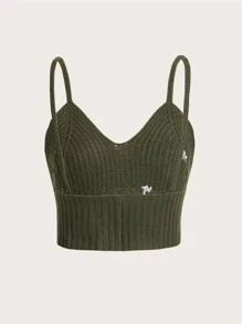 ROMWE Fairycore Floral Embroidery Cami Knit Top - Army Green - View 2