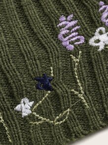 ROMWE Fairycore Floral Embroidery Cami Knit Top - Army Green - View 4