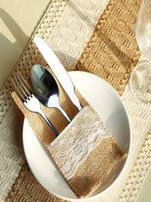 2pcs/set Beige Flatware Storage Bag, European Style Fiber Lace Panel Tableware Storage Bag For Kitchen
