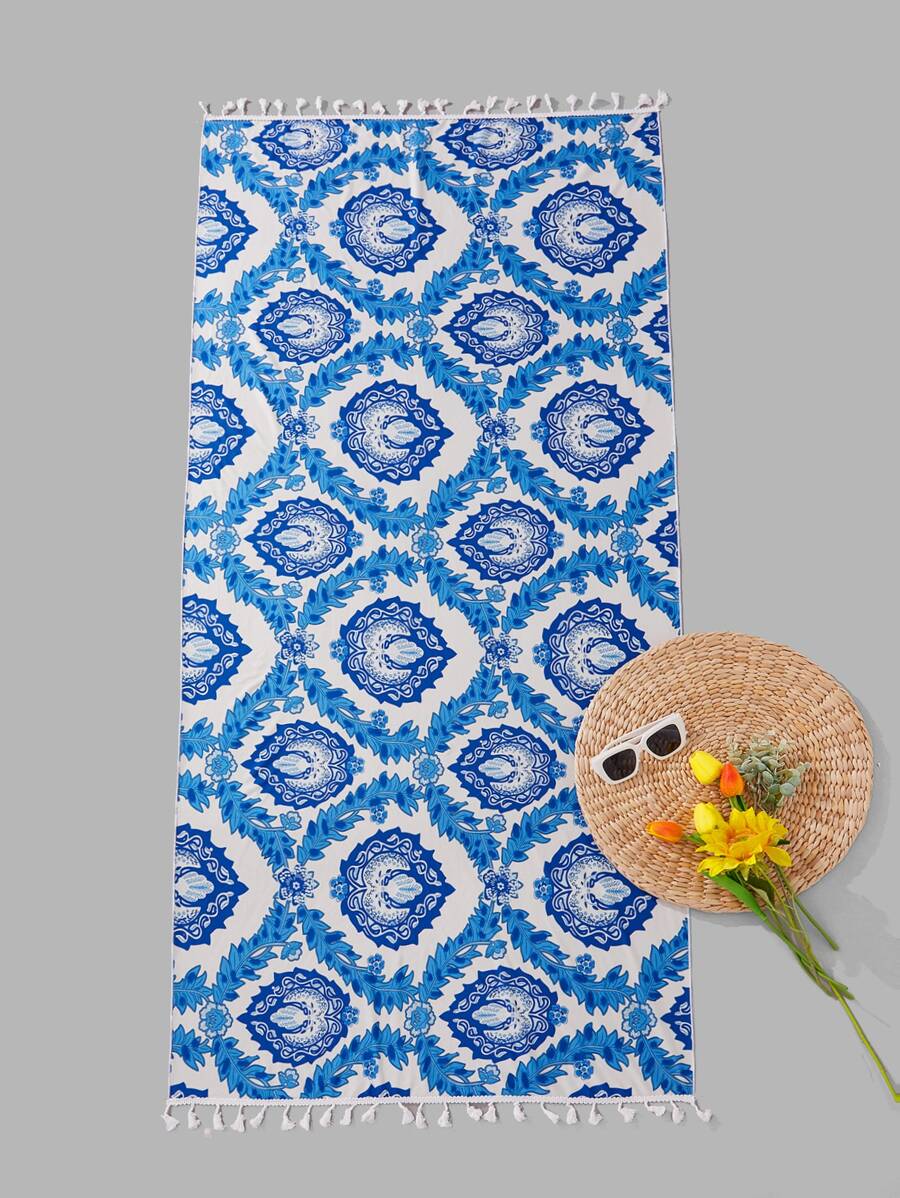 植物圖案流蘇邊沙灘巾 - 藍白色 - 查看 1