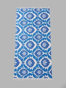 植物圖案流蘇邊沙灘巾 - 藍白色 - 查看 2