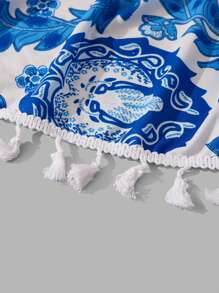 植物圖案流蘇邊沙灘巾 - 藍白色 - 查看 3