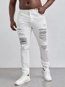 Manfinity Hombres Jeans ajustados desgarro - Blanco - Ver 3