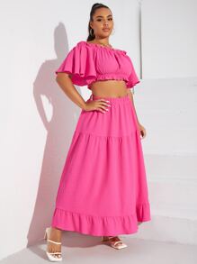 SHEIN VCAY Plus Butterfly Sleeve Crop Top & Ruffle Hem Skirt - Pink - View 4