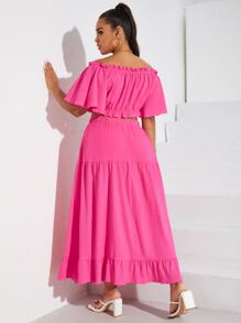 SHEIN VCAY Plus Butterfly Sleeve Crop Top & Ruffle Hem Skirt - Pink - View 2