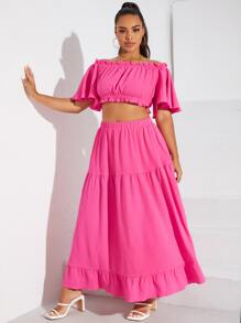 SHEIN VCAY Plus Butterfly Sleeve Crop Top & Ruffle Hem Skirt - Pink - View 3