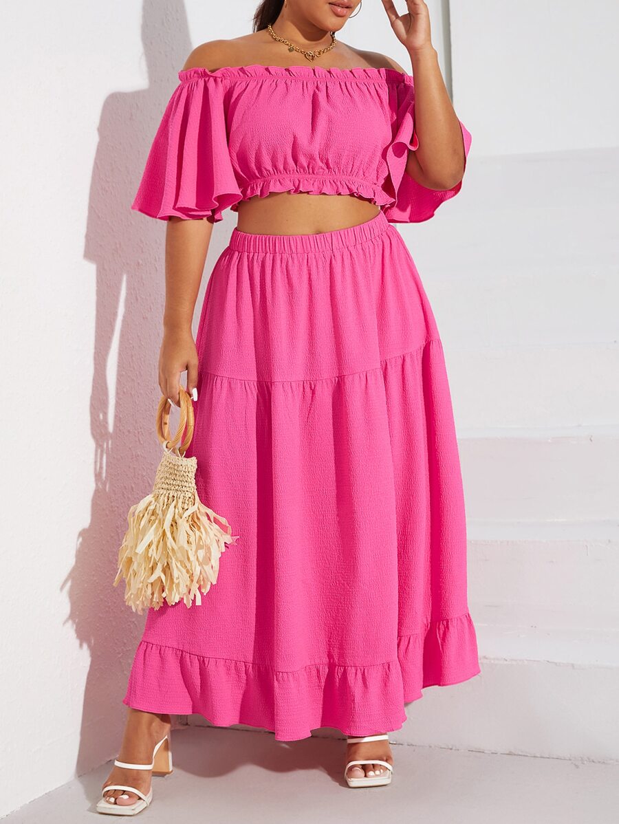 SHEIN VCAY Plus Butterfly Sleeve Crop Top & Ruffle Hem Skirt - Pink - View 1