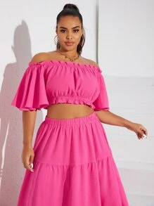 SHEIN VCAY Plus Butterfly Sleeve Crop Top & Ruffle Hem Skirt - Pink - View 5