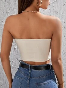 SHEIN PETITE Twist Front Ribbed Knit Tube Summer Crop Women Top - Beige - View 2