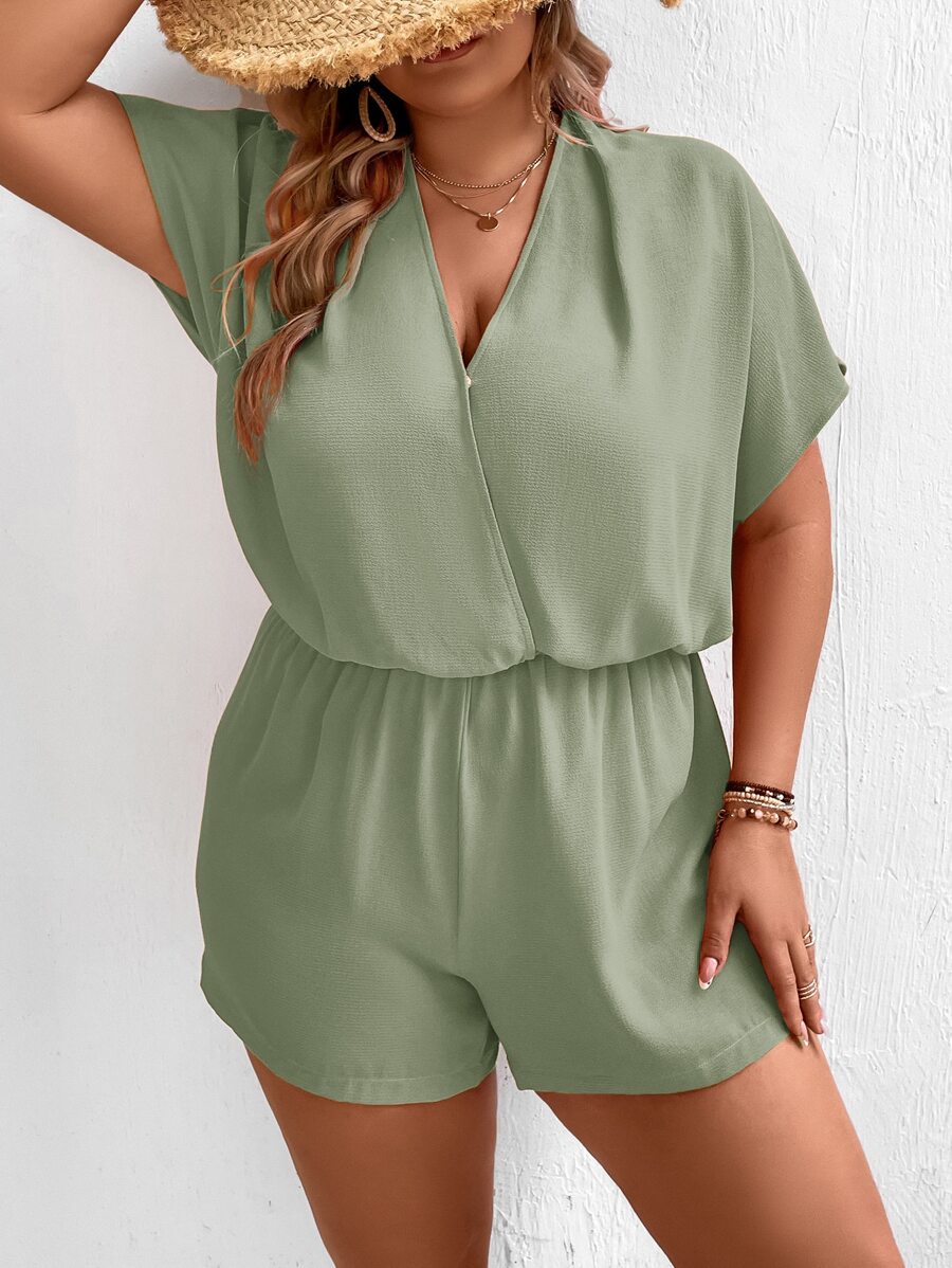 SHEIN VCAY 大碼交叉領蝙蝠袖連身短褲 - 薄荷綠 - 查看 1