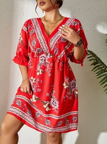 SHEIN VCAY Vestido con estampado floral de manga farol escote cruzado - Multicolor - Ver 3