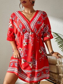 SHEIN VCAY Vestido con estampado floral de manga farol escote cruzado - Multicolor - Ver 4