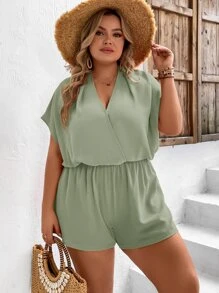 SHEIN VCAY 大碼交叉領蝙蝠袖連身短褲 - 薄荷綠 - 查看 3