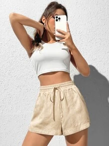 SHEIN EZwear Drawstring Waist Drawstring Shorts - Apricot - View 6