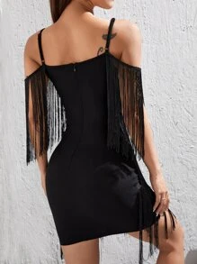 SHEIN PETITE Cold Shoulder Fringe Trim Bodycon Dress - Black - View 2