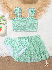 Tween Girl 碎花褶饰荷叶边比基尼套装 搭配沙滩裙 夏日海滩