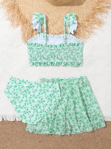 Tween Girl 碎花褶饰荷叶边比基尼套装 搭配沙滩裙 夏日海滩