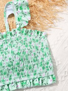 Tween Girl 碎花褶饰荷叶边比基尼套装 搭配沙滩裙 夏日海滩