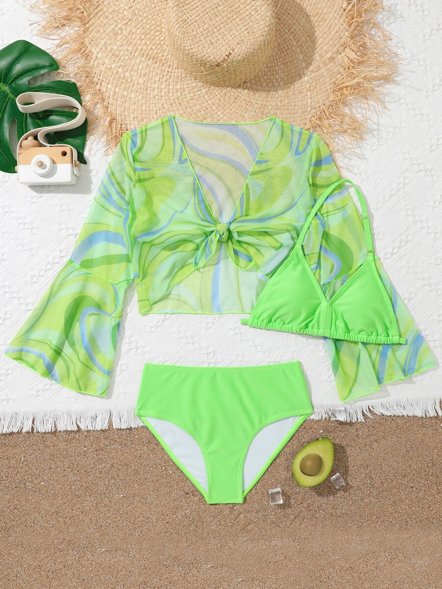 Tween Girl Halter Bikini Set With Allover Print Kimono Summer Beach - Lime Green - View 1