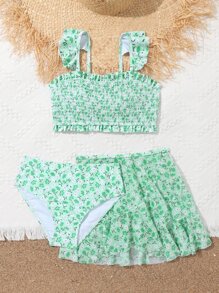 Tween Girl 碎花褶饰荷叶边比基尼套装 搭配沙滩裙 夏日海滩