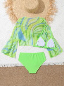 Tween Girl Halter Bikini Set With Allover Print Kimono Summer Beach - Lime Green - View 2