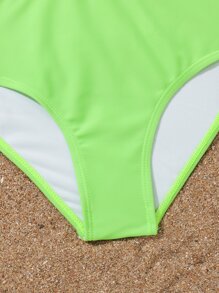 Tween Girl Halter Bikini Set With Allover Print Kimono Summer Beach - Lime Green - View 3