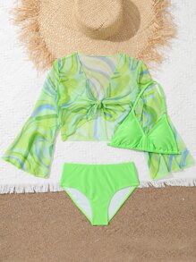 Tween Girl Halter Bikini Set With Allover Print Kimono Summer Beach - Lime Green - View 5