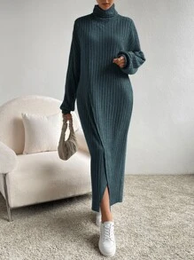 SHEIN Essnce Turtleneck Drop Shoulder Split Hem Dress - Dusty Blue - View 1