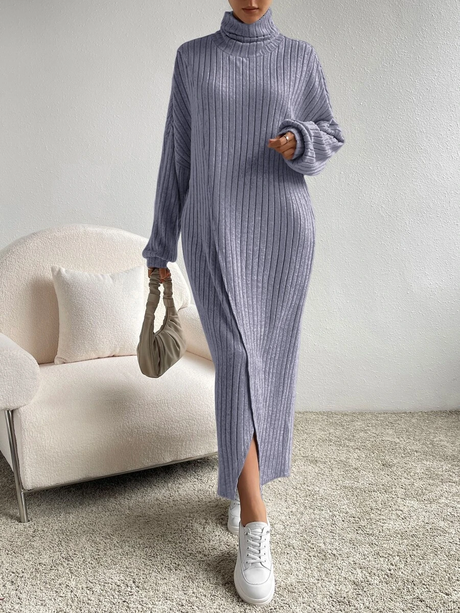 SHEIN Essnce Turtleneck Drop Shoulder Split Hem Dress - Grey - View 1