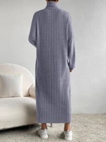 SHEIN Essnce Turtleneck Drop Shoulder Split Hem Dress - Grey - View 2