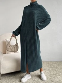 SHEIN Essnce Turtleneck Drop Shoulder Split Hem Dress - Dusty Blue - View 3