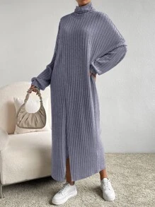 SHEIN Essnce Turtleneck Drop Shoulder Split Hem Dress - Grey - View 3