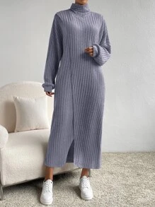 SHEIN Essnce Turtleneck Drop Shoulder Split Hem Dress - Grey - View 4