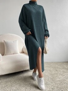 SHEIN Essnce Turtleneck Drop Shoulder Split Hem Dress - Dusty Blue - View 5