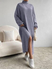 SHEIN Essnce Turtleneck Drop Shoulder Split Hem Dress - Grey - View 5