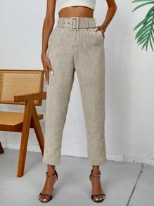 GENKIRA Solid Slant Pocket Belted Cropped Suit Trousers - Beige - View 1