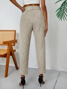 GENKIRA Solid Slant Pocket Belted Cropped Suit Trousers - Beige - View 2
