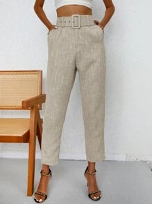 GENKIRA Solid Slant Pocket Belted Cropped Suit Trousers - Beige - View 3