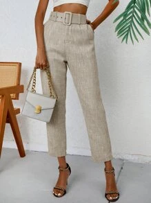 GENKIRA Solid Slant Pocket Belted Cropped Suit Trousers - Beige - View 4