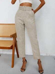 GENKIRA Solid Slant Pocket Belted Cropped Suit Trousers - Beige - View 5
