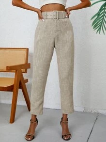 GENKIRA Solid Slant Pocket Belted Cropped Suit Trousers - Beige - View 6