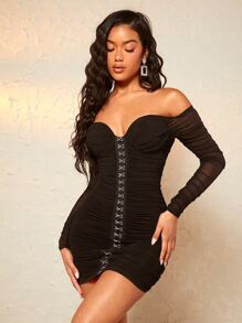 SHEIN BAE Off Shoulder Hook And Eye Ruched Bodycon Dress - Black - View 1