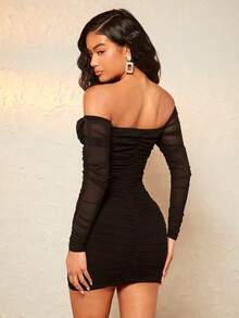 SHEIN BAE Off Shoulder Hook And Eye Ruched Bodycon Dress - Black - View 2