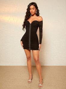 SHEIN BAE Off Shoulder Hook And Eye Ruched Bodycon Dress - Black - View 4