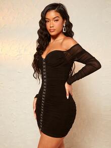 SHEIN BAE Off Shoulder Hook And Eye Ruched Bodycon Dress - Black - View 5