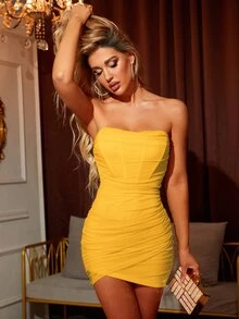 PARTHEA Ruched Wrap Bodycon Mesh Tube Dress - Yellow - View 6