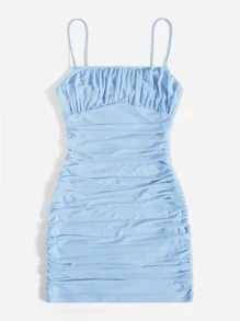 SHEIN EZwear Ruched Mesh Bodycon Dress - Baby Blue - View 3